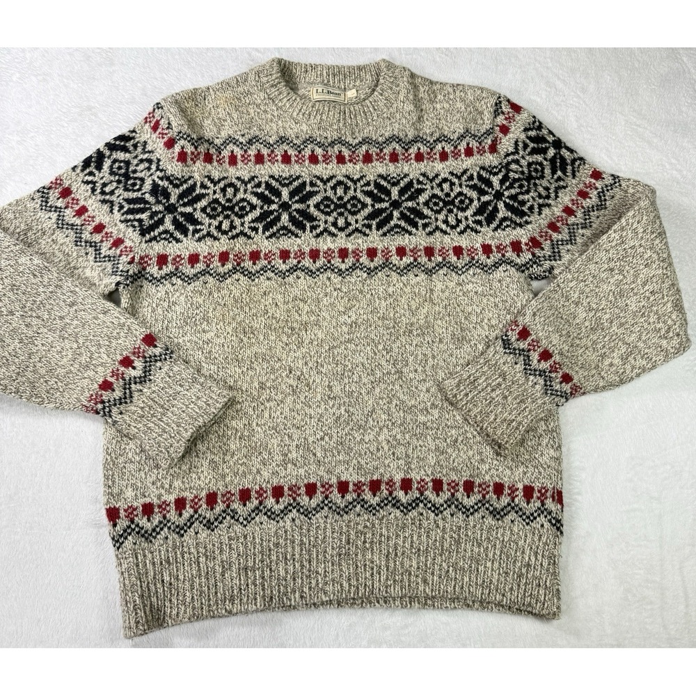 Vintage 80s LL Bean Birdseye Fair Isle Large Wool Knit Sweater Made USA Oatmeal
